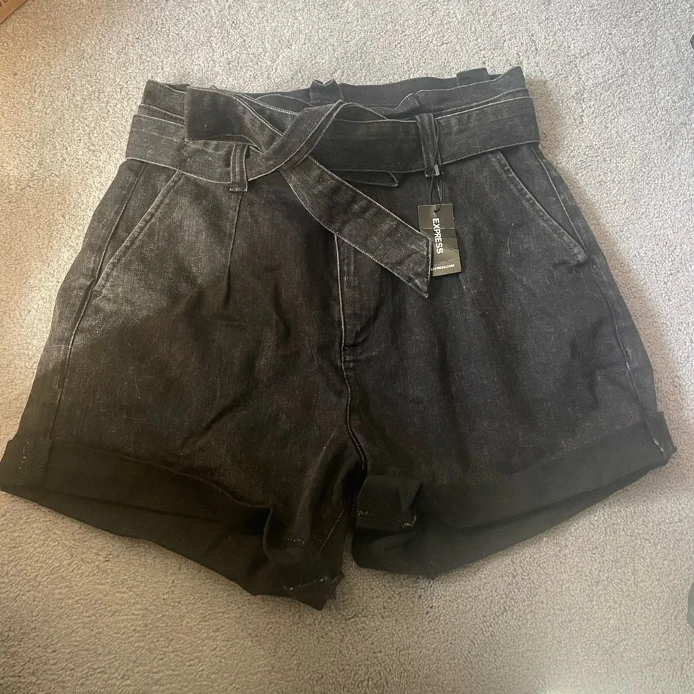 Express Black High-Waist Paperbag Denim Shorts with Tie Belt